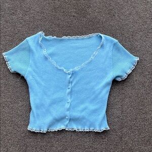 Light Blue Ribbed Lace-Trim Button Front Women's Top